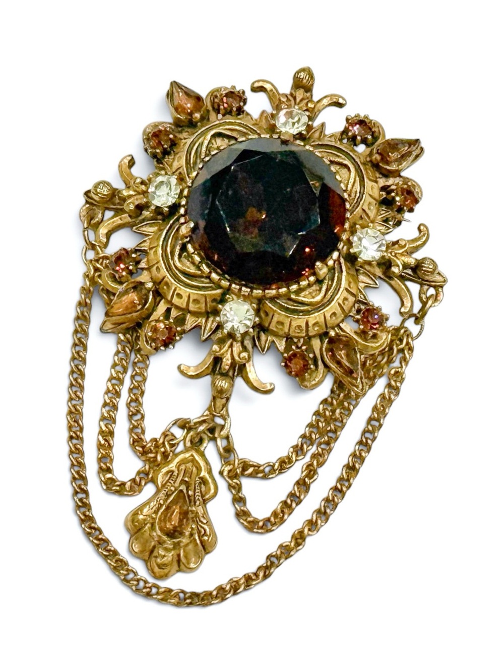 Vintage Florenza Gold-Tone Brown Crystal Brooch with Chain Drapes - Picture 9 of 16